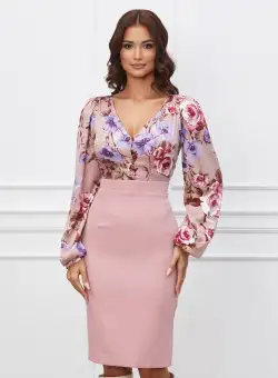 Rochie Dy Fashion roz cu imprimeuri florale lila la bust