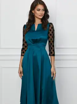 Rochie Dy Fashion turcoaz din satin cu buline catifelate pe maneci