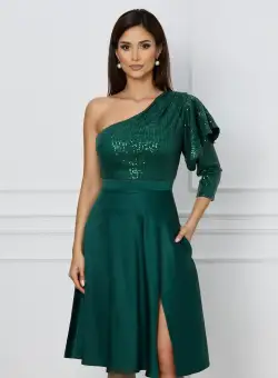 Rochie Dy Fashion verde cu paiete la bust si fusta din tafta