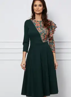 Rochie Dy Fashion verde inchis cu imprimeu orange si volan la bust