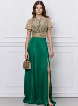 Rochie DY Fashion verde lunga cu bust din fir lurex si crepeu maxi