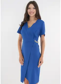 Rochie eleganta albastra cu decolteu parte peste parte si accesoriu in talie