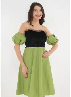 Rochie eleganta clos din tafta verde si catifea