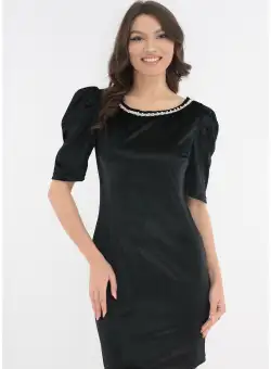 Rochie eleganta din catifea neagra cu margelute si funda satinata ivory
