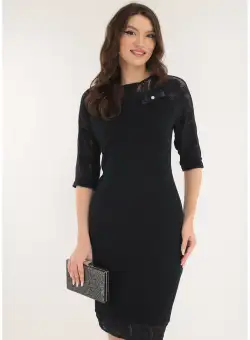 Rochie eleganta din stofa bleumarin texturata si dantela