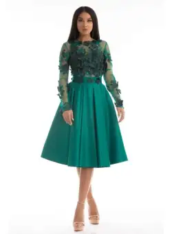 Rochie eleganta din tafta de culoare verde cu broderie florala 3D in partea superioara