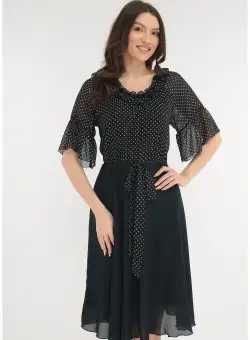Rochie eleganta din voal bleumarin si voal cu buline crem