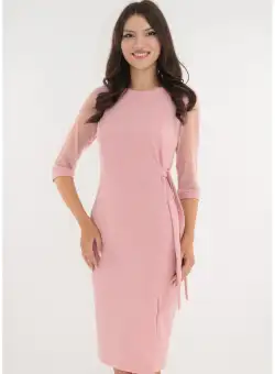 Rochie eleganta roz-pudra cu maneci din tulle si cordon in talie