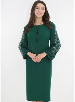 Rochie eleganta verde cu maneci din voal cu strasuri