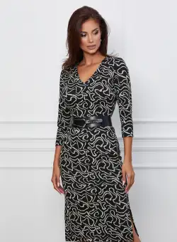 Rochie Eliza neagra cu imprimeuri albe si curea in talie