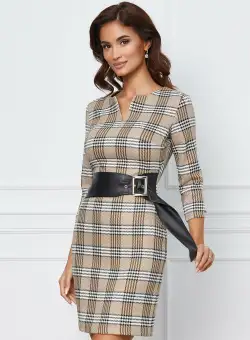 Rochie Emora bej cu imprimeu si curea in talie