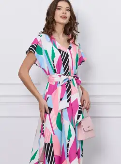 Rochie Gianina alba cu imprimeuri roz si cordon in talie