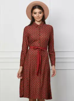 Rochie Gina bordo cu imprimeuri si cordon in talie