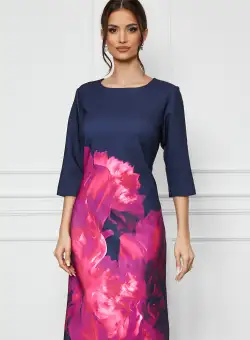 Rochie Ioana bleumarin cu imprimeu fucsia