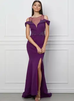 Rochie Ivonne lunga mov cu strasuri pe bust