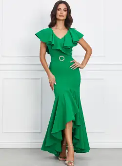 Rochie LaDonna lunga verde cu volan si cordon in talie