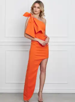 Rochie LaDonna orange cu lungime asimetrica si funda pe umar