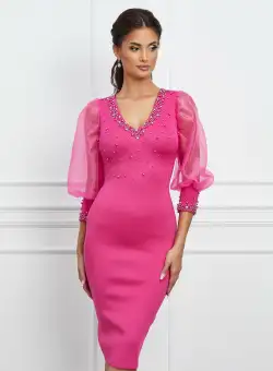 Rochie Laura fucsia din neopren cu perlute si maneci din organza