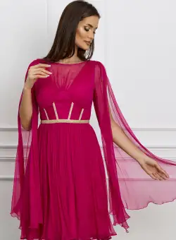 Rochie Leonard Collection fucsia din matase cu broderie aurie pe bust