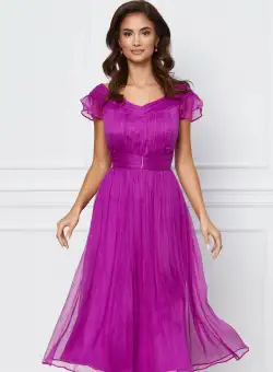 Rochie Leonard Collection magenta din matase cu aplicatie in talie