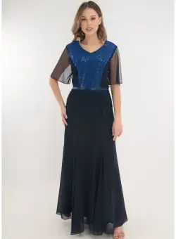 Rochie lunga din voal bleumarin cu insertie albastra din tulle cu paiete