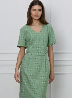 Rochie Mada verde cu patratele si aplicatii metalice in talie