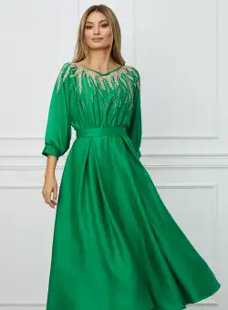 Rochie Madalina verde cu strasuri la bust si curea in talie
