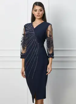 Rochie Mara bleumarin cu strasuri si maneci din dantela