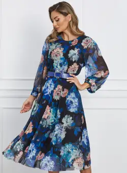 Rochie Maria neagra cu flori albastre si curea in talie
