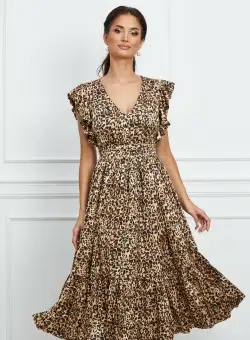 Rochie MBG bej cu animal print si volan la baza