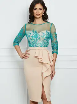 Rochie MBG bej cu dantela verde la bust si volan pe fusta
