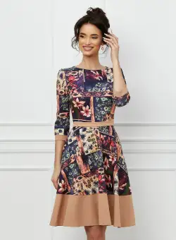 Rochie MBG bej cu imprimeu divers bleumarin