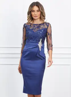 Rochie MBG bleumarin cu dantela la bust si accesoriu in talie