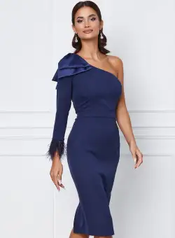 Rochie MBG bleumarin cu o maneca si funda maxi pe umar