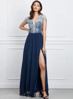 Rochie MBG bleumarin lunga cu broderie la bust si crepeu maxi
