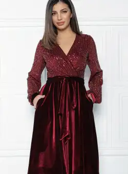 Rochie MBG bordo din catifea cu bust din paiete