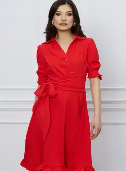 Rochie MBG corai cu nasturi la bust si cordon in talie