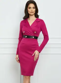 Rochie MBG fucsia cu nasturi si banda din piele ecologica in talie