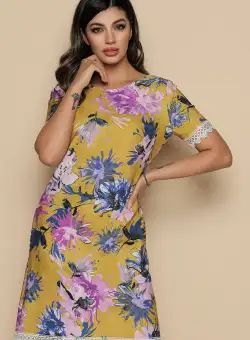 Rochie MBG galbena cu imprimeu floral roz