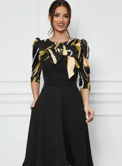 Rochie MBG neagra cu imprimeu pe bust si maneci