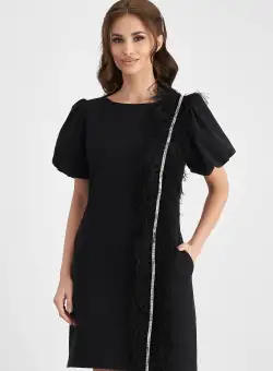 Rochie MBG neagra cu pene si strasuri
