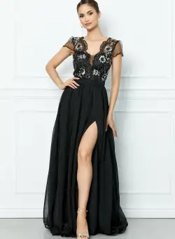Rochie MBG neagra lunga cu broderie la bust si crepeu maxi