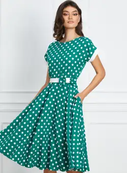 Rochie MBG turcoaz cu buline si fundita in talie