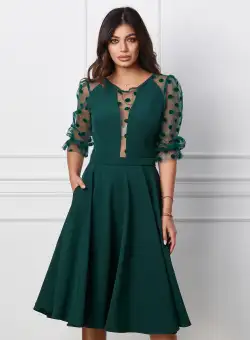 Rochie MBG verde cu maneci din tull cu buline catifelate