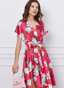Rochie Mira fucsia cu imprimeuri florale si cordon in talie