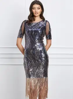 Rochie Moze bleumarin cu paiete si franjuri la baza