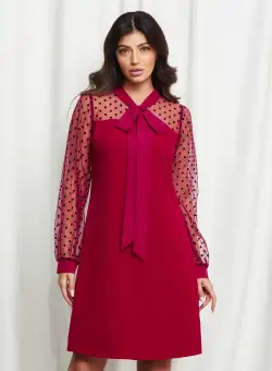 Rochie Moze bordo cu maneci din tull cu buline catifelate