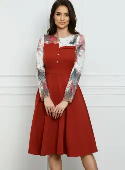 Rochie Moze caramizie cu imprimeu la bust si maneci