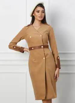 Rochie Moze maro cu insertii din piele ecologica si nasturi