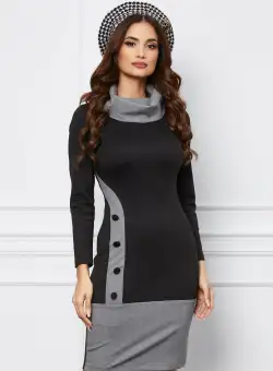 Rochie Moze neagra cu insertii gri si nasturi decorativi